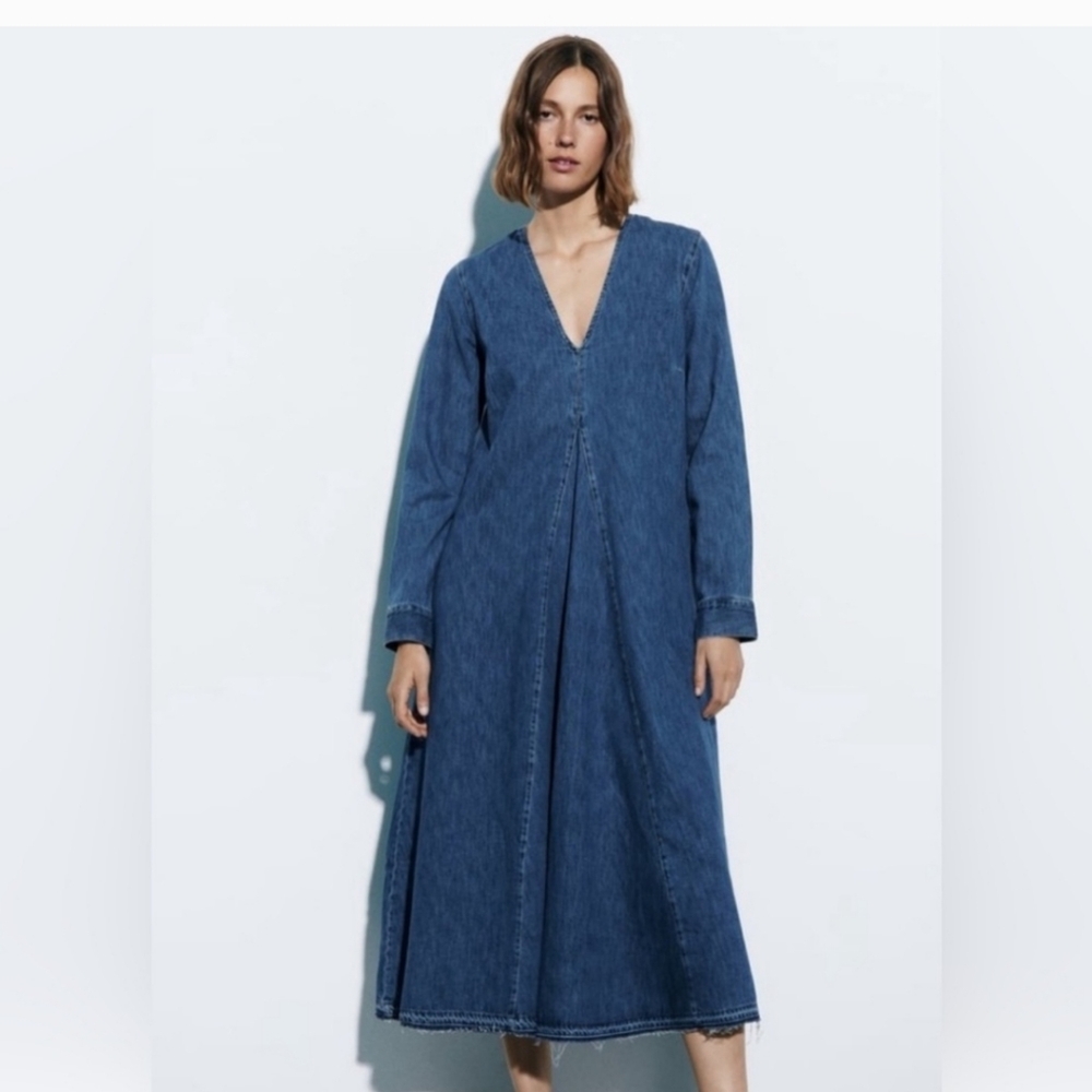 Zara The Tilda Raw Hem Long Line Denim Dress Medium - Picture 8 of 14